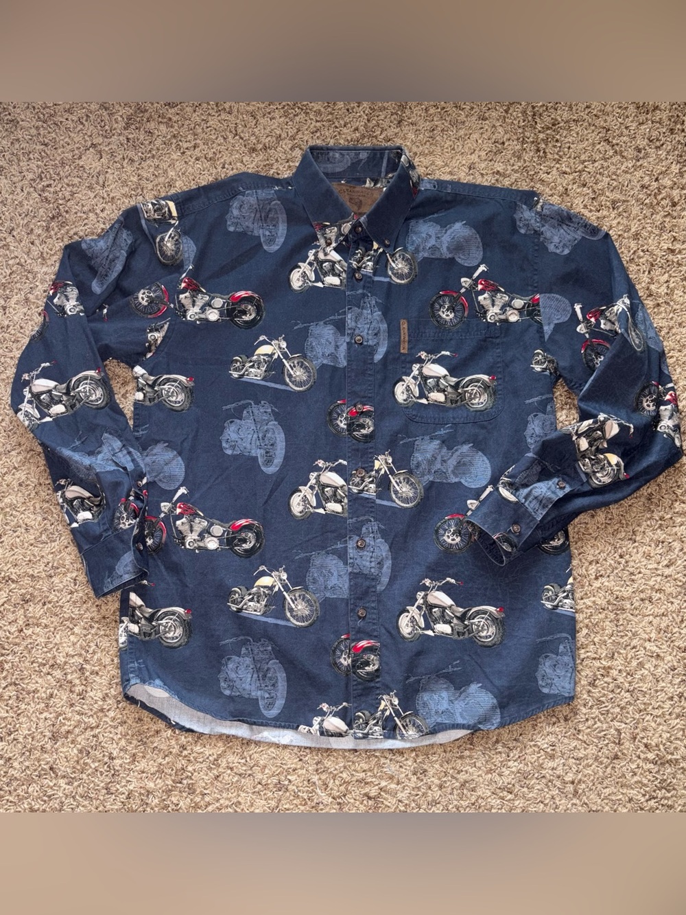 CLEARWATER OUTFITTERS MEN'S LONG SLEEVE BUTTON DOWN MOTORCYCLE PRINT SIZE M